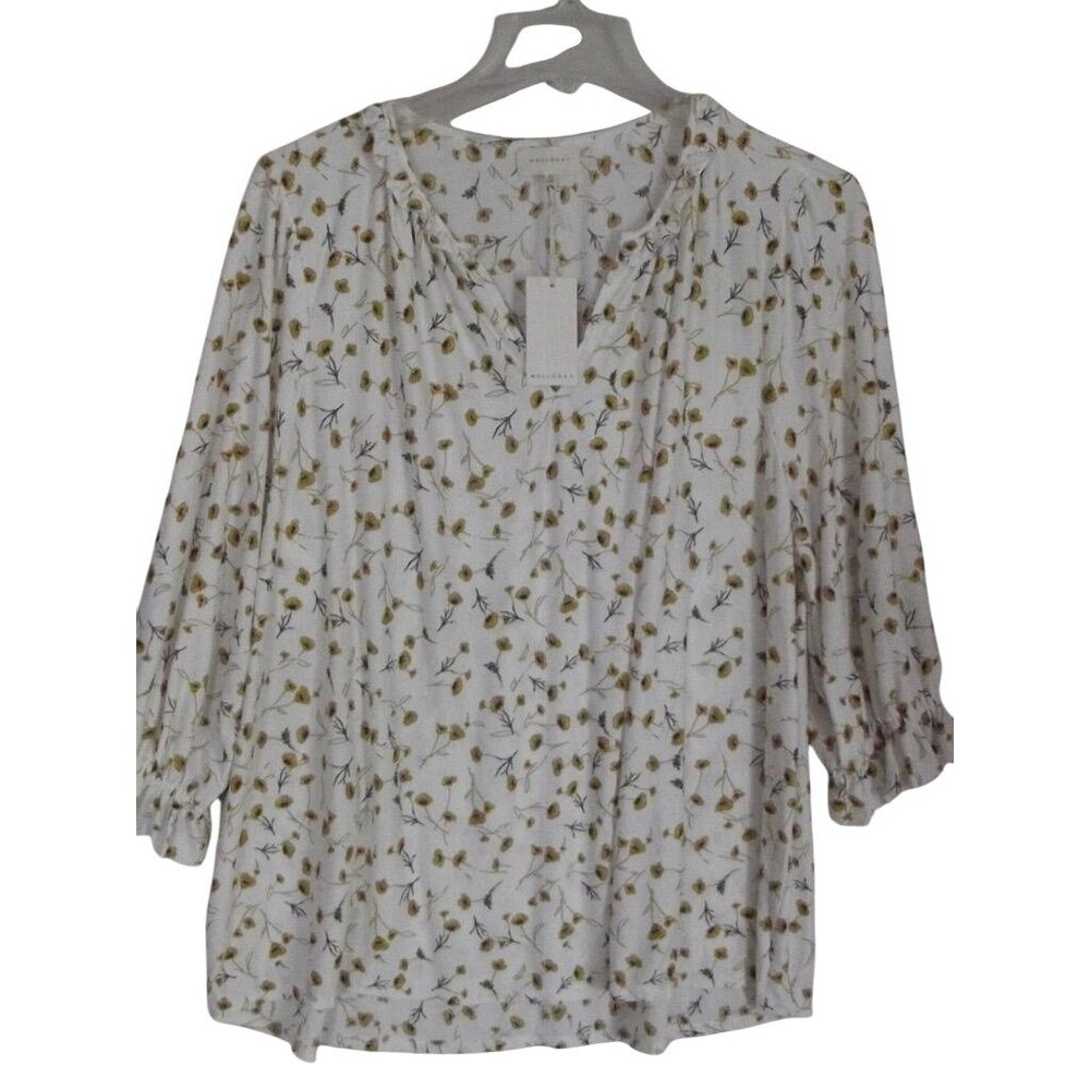 Melloday Blouse Womens Size 2X White Gold Floral Print Ruffle V-neck textured